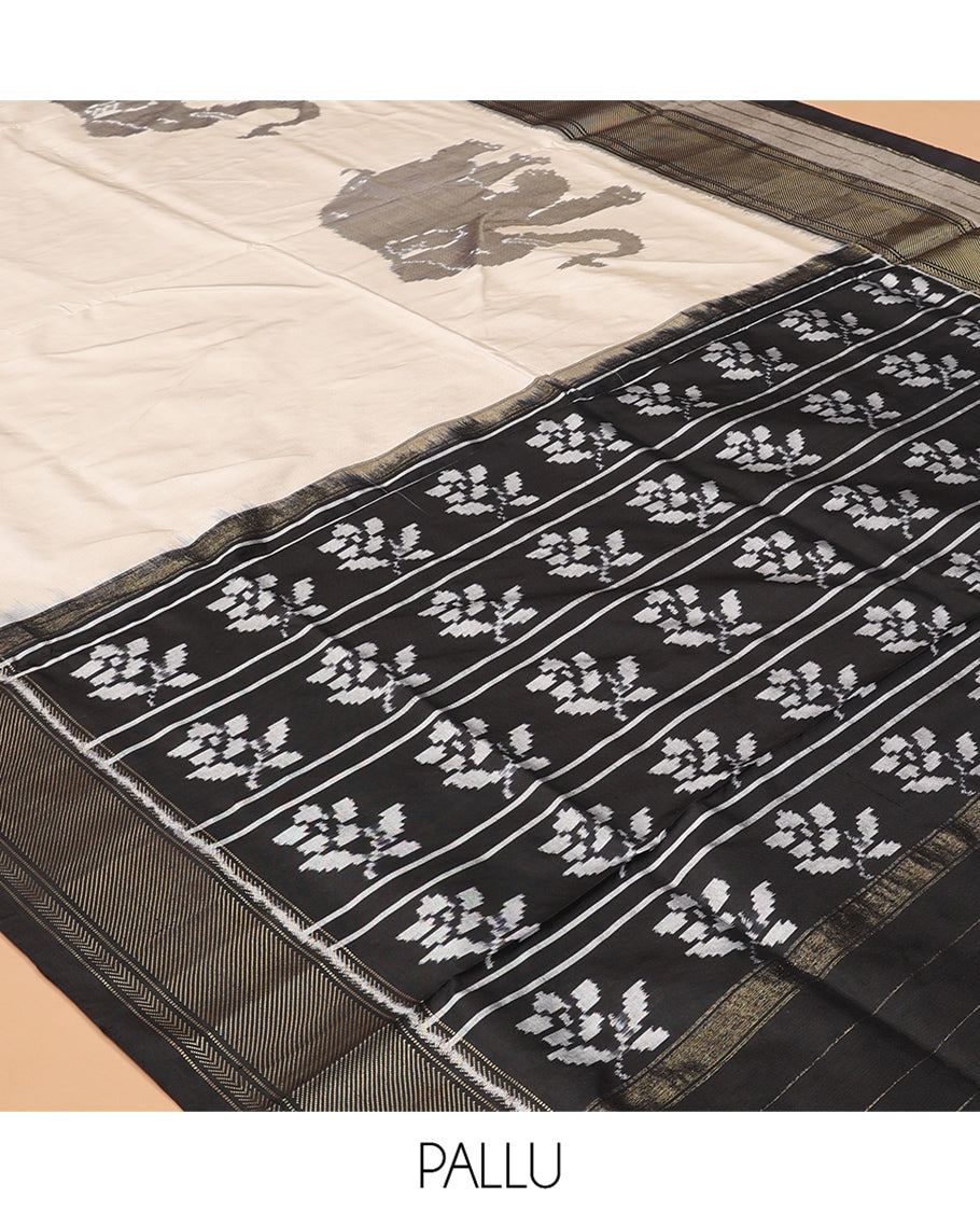 Cream Pochampally Ikat Saree, Adorned with Elephant Motifs, Complemented by a Contrast Traditional Zari Border, Ikat Pallu, and a Contrast Blouse