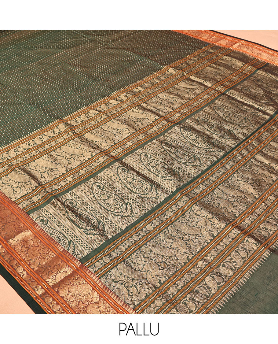 Green Buttas-Checks Kuppadam Silk Saree, a Contrast Traditional Border, Grand Pallu, a Matching Blouse