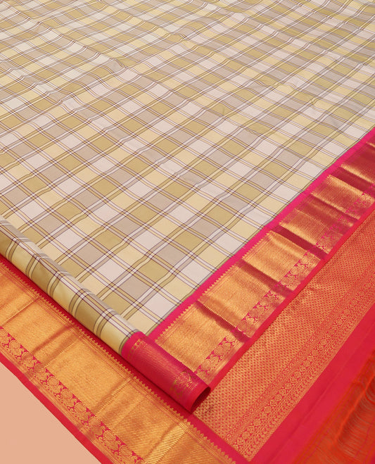 Multi-Color Burberry-Style Checked Kanchipuram Silk Saree, Contrast Border of Thilakam Mokku, Muthu, and Mayil Design, Ara Maadam Pallu, and a Contrast Blouse