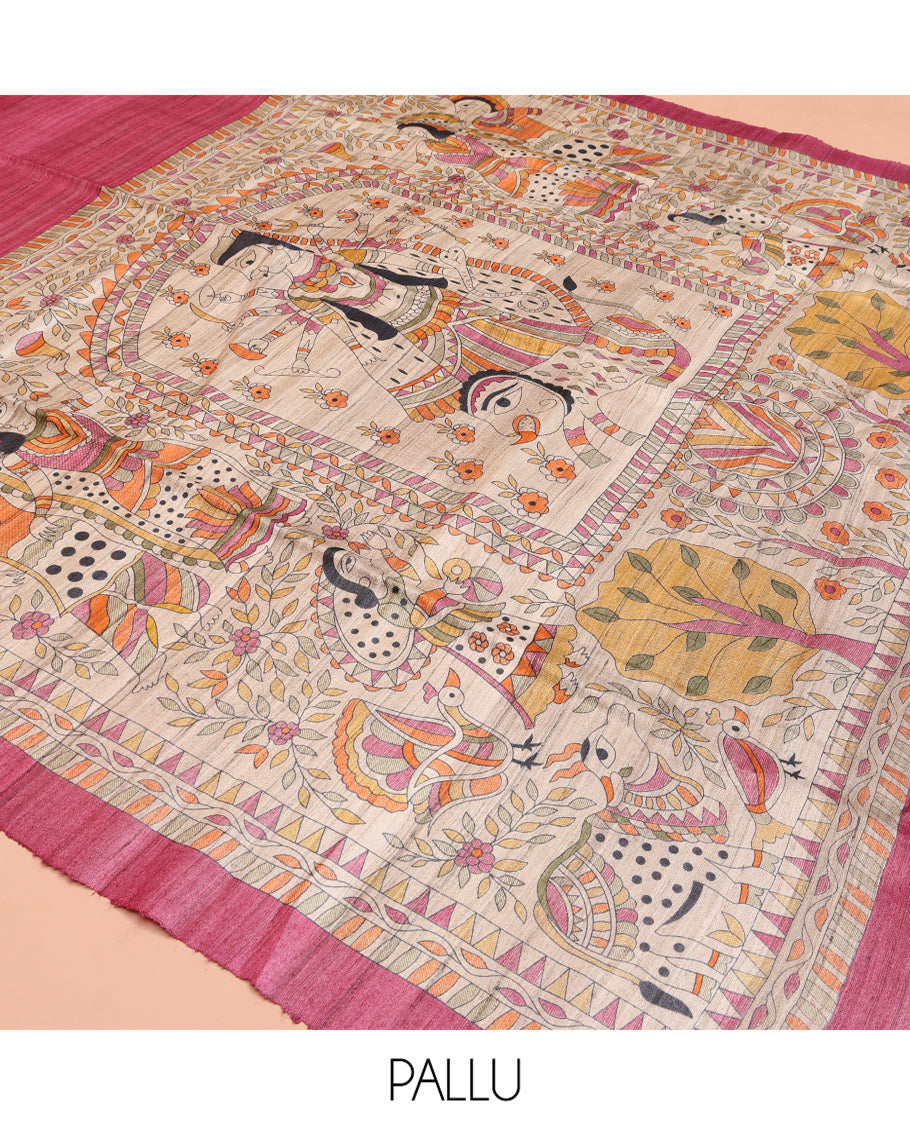Pink Plain Tussar Saree, Impeccably Styled with Madhubani-Style Figurines Print, a Pallu Depicting Madhubani Print, and a Matching Blouse