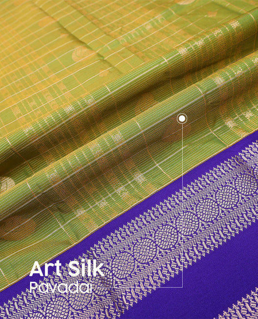 Leaf green art silk material pavadai set, zari design weave pavadai,  contrast blouse & rettai pettu traditional zari border
