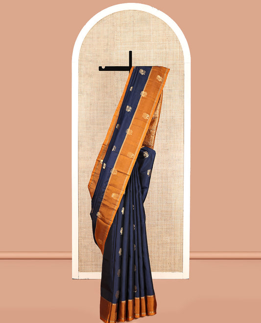 Blue Mayuri Lite Silk Mix Saree, Ornamented with Peacock Buttas, Complemented by a Contrast Peacock Border, Pallu of Vine Designs, and a Contrast Blouse