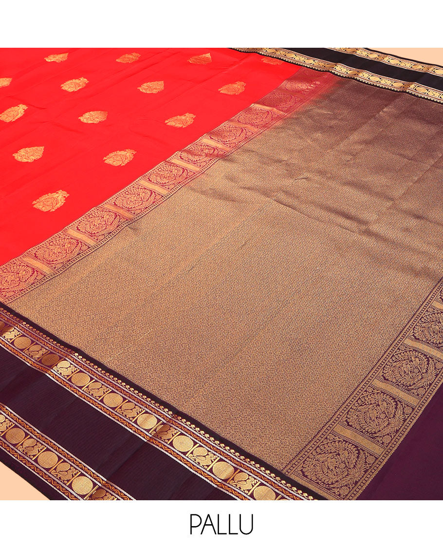Red Vasundhara Lite Silk Mix Saree, Elevated with Zari Buttas, a Contrast Rettai Pettu Border of Salngai, Neli, Mayil, and Poun Design, Intricate Pallu, and a Contrast Blouse