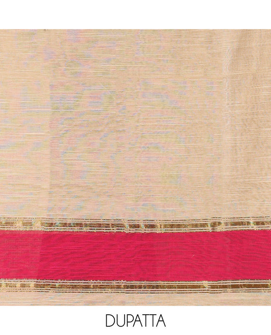 Majenta Material Chudidar Set, Adorned with Zari Checks All Over Its Semi-Silk Top, Comes with a Subtle Plain Bottom, and a Contrast Semi-Silk Dupatta of Zari Border and Tassels