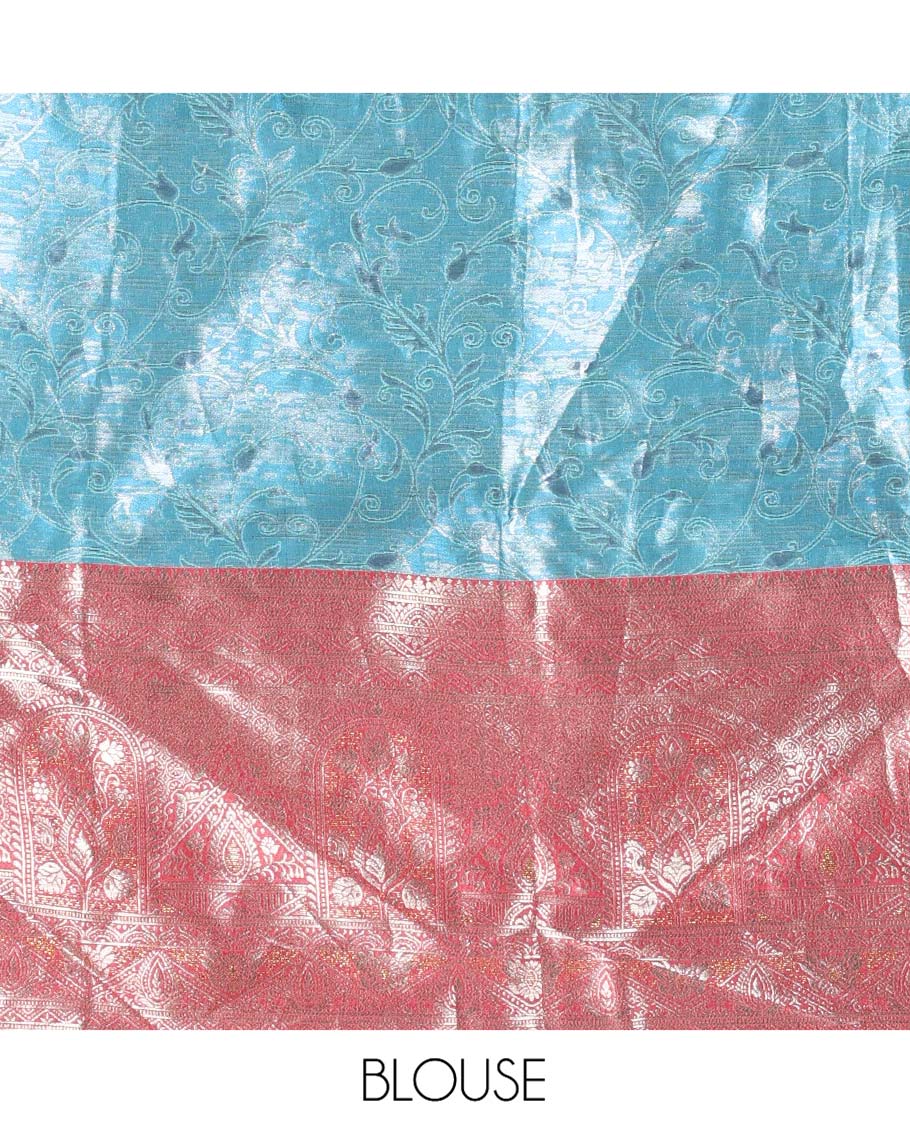 Blue Banarasi Half-Saree Featuring Jacquard Design Skirt, Complemented by Contrast-Rich Zari-Woven Intricate Border, Paired with a Matching Blouse, Contrast Velvet Organza Stone Work Dhavani, and Brocade Belt