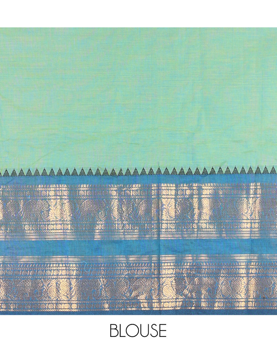 Light Rama Green-Sea Blue Chettinad Cotton Half-Saree, Plain Contrast Traditional Zari-Bordered Skirt, Matching Blouse, and a Contrast Dhavani