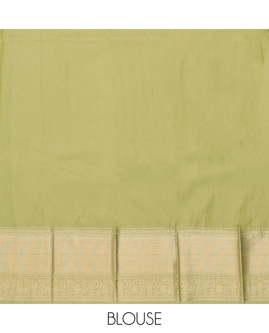 Orange Budget Silk Saree, Richly Detailed with Zari Buttas All Over Its Body, Complemented by a Contrast Traditional Zari Border of Floral Creeper Designs, Jaal Pallu, and Paired with a Contrast Blouse