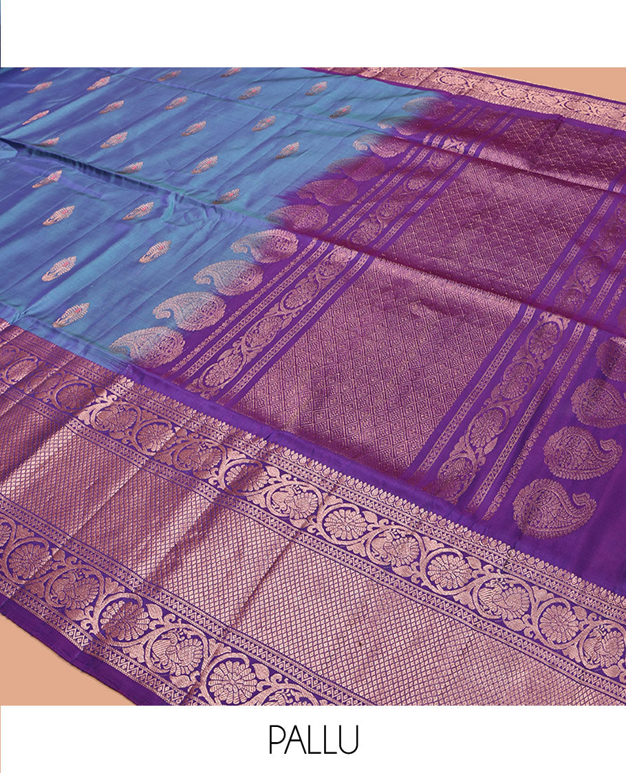 Blue Uppada Silk Saree, Enthralled with Zari Buttas, Complemented by a Contrast Floral Creeper Zari Border, Grand Pallu, and a Contrast Blouse