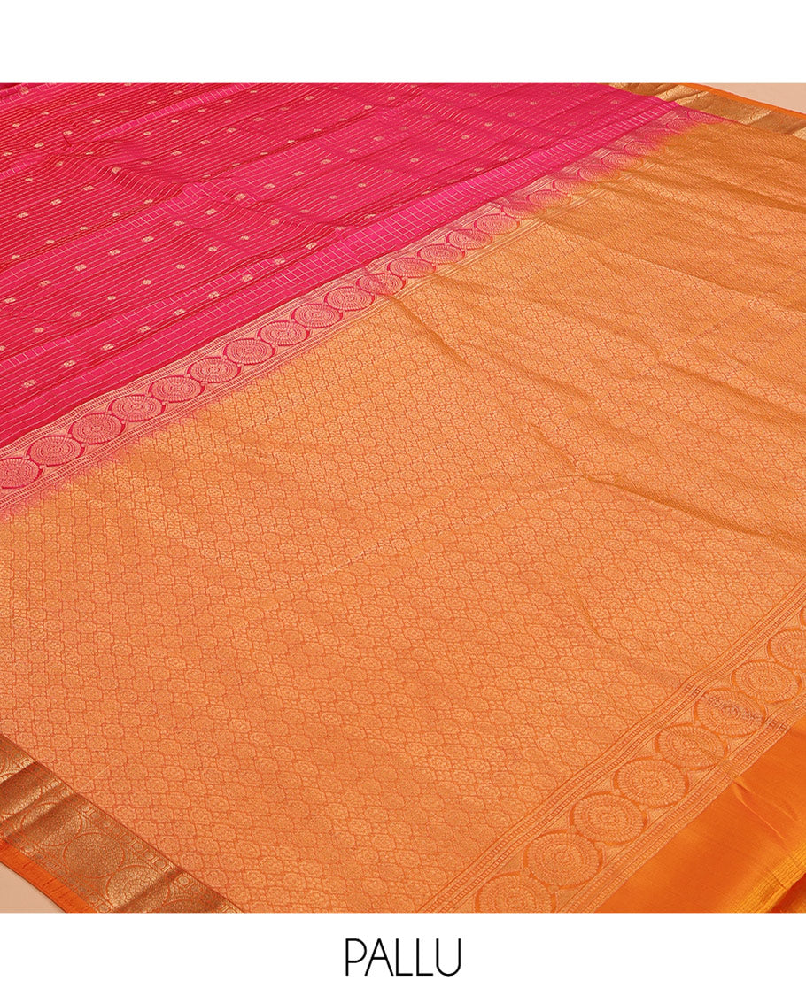 Pink Zari Buttas-Checked Vasundhara Lite Silk Mix Saree, Contrast Traditional Border, Contrast Blouse