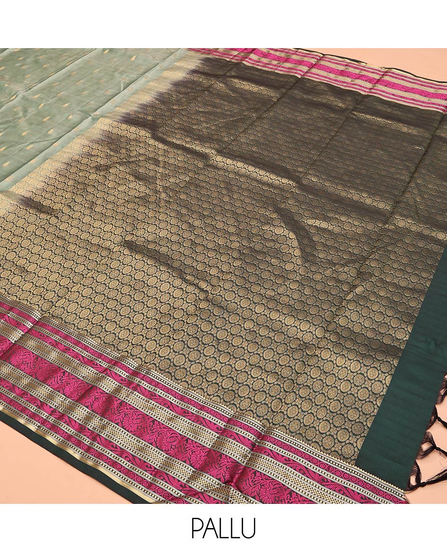 Green Zari Buttas Vasundhara Lite Silk Mix Saree, Contrast Temple Traditional Border, Chakra Pallu, a Contrast Blouse