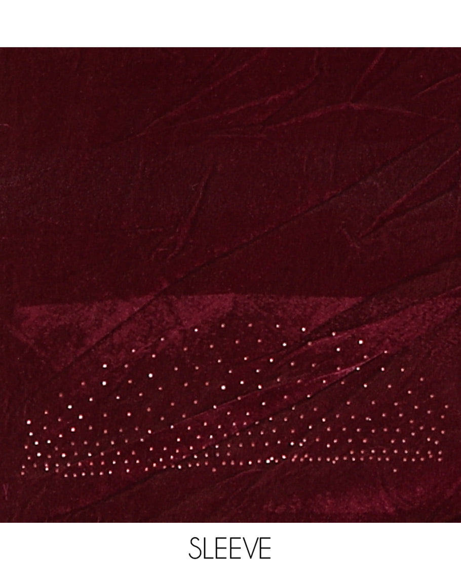 Maroon Velvet Half-Saree Features Swarovski Stonework Skirt, Matching Stonework Blouse, Contrast Net Dhavani