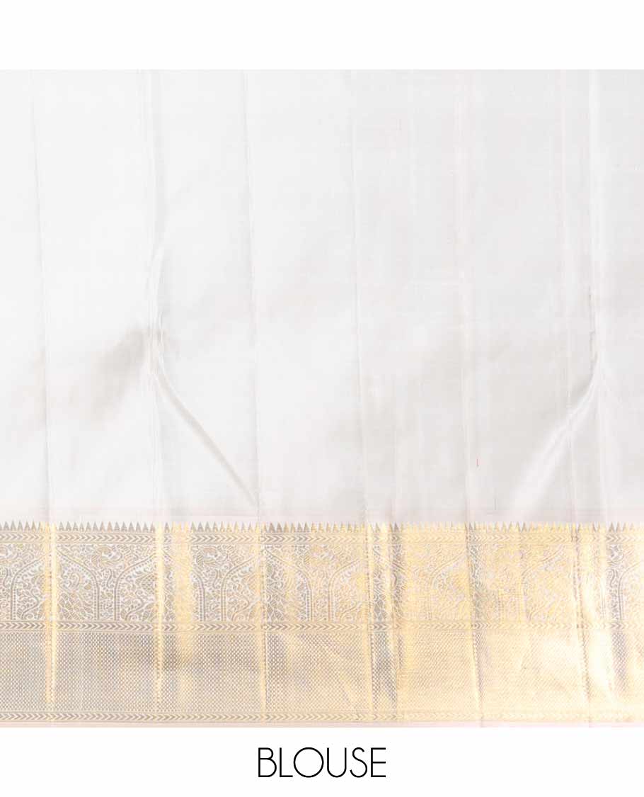 Red jacquard silk saree with contrast border of rekku, kathir, mayil, checked design & intricate zari design pallu
