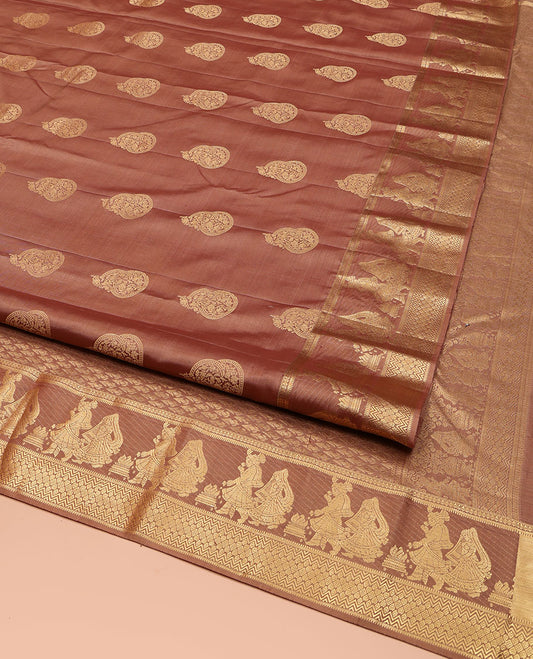 Pinkish Brown Vasundhara Silk Saree, Elevated with Zari Buttas All Over Its Body, Highlighted by Zari Border of Rekku, Muthu, Vangi, and Bride-Groom Suyamvaram Designs, Pallu of Zari Designs, and Paired with a Matching Blouse