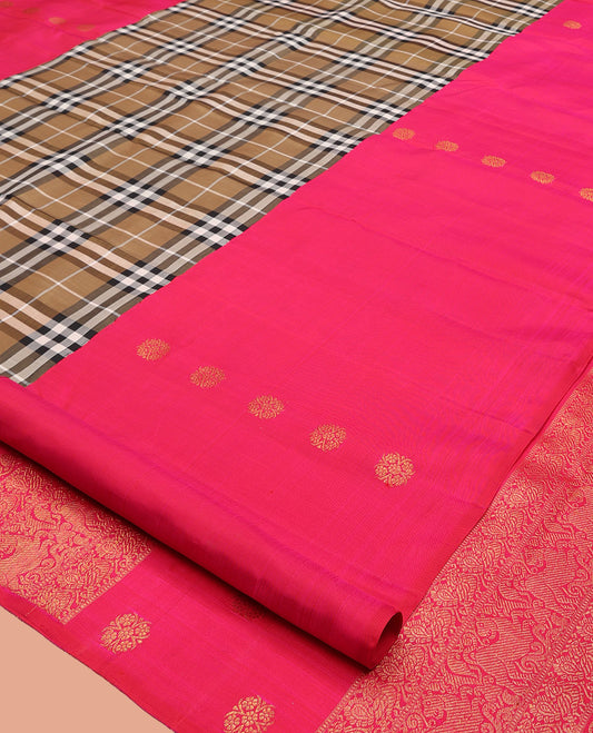 Brown Kanchipuram Designer Silk Saree, Impeccably Designed with Burberry Checks, Complemented by a Contrast Zari Buttas Border, Pallu of Yaali Design, and Contrast Blouse