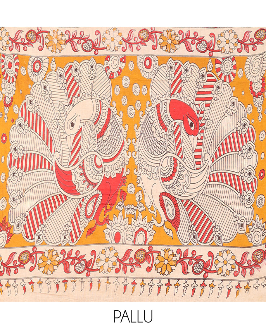 Red Machine Printed Kalamkari Cotton Saree Features Floral Peacock Design, a Contrast Peacock-Printed Border, a Peacock-Printed Pallu, and a Contrast Blouse