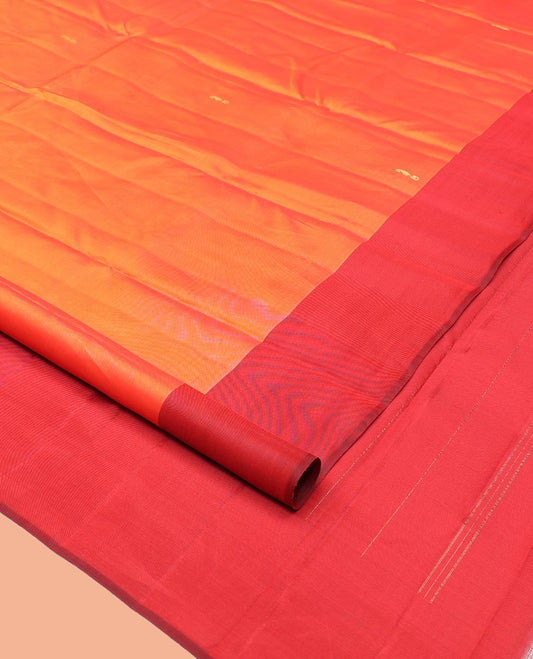 Orange Kanchipuram Silk Saree, Embellished with Zari Buttas, Complemented by a Contrast Mayil Border, Floral Design Pallu, and a Contrast Blouse