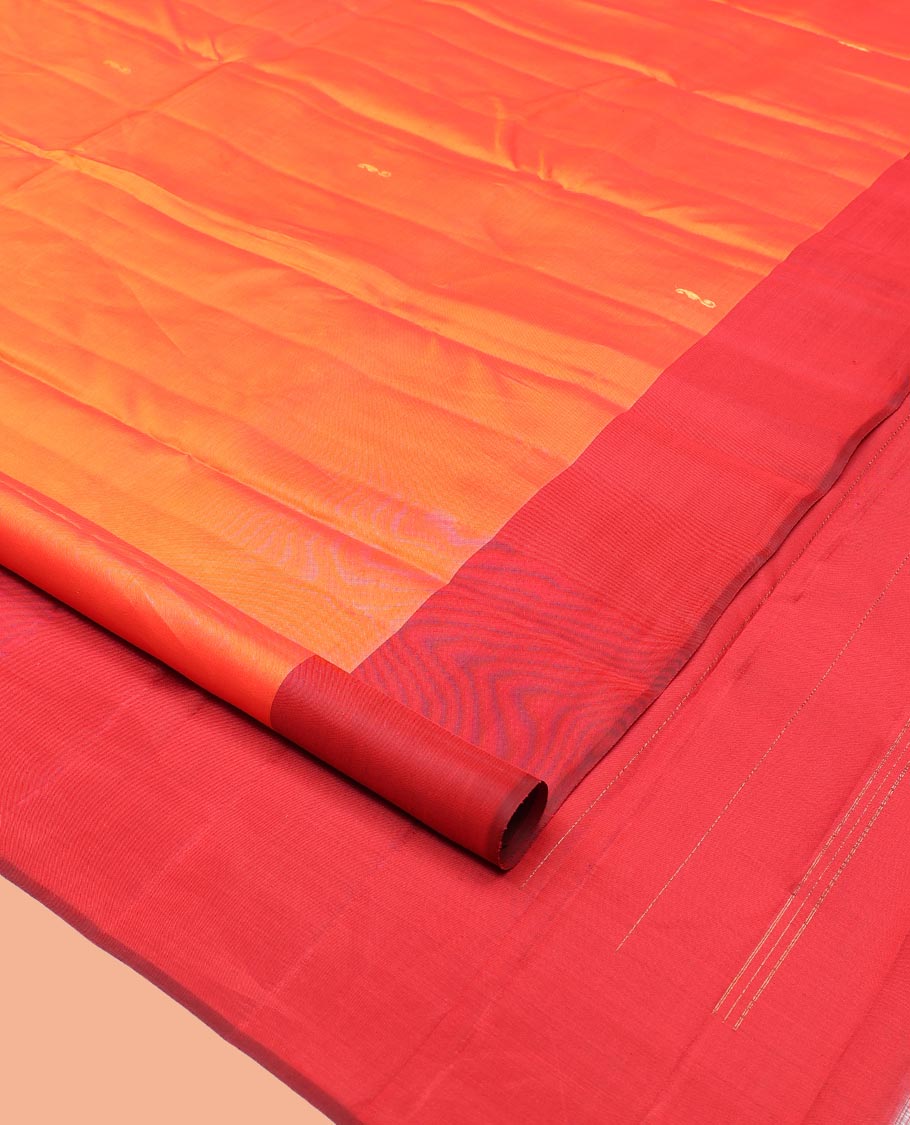 Orange Kanchipuram Silk Saree, Embellished with Zari Buttas, Complemented by a Contrast Mayil Border, Floral Design Pallu, and a Contrast Blouse