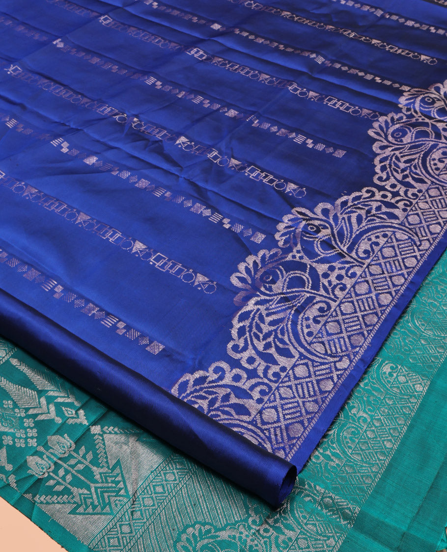 Blue Mayuri Lite Silk Mix Saree, Meticulously Crafted with Geometric Buttas, Highlighted by Peacock Motif Border, Contrast Intricate Pallu, and a Contrast Blouse