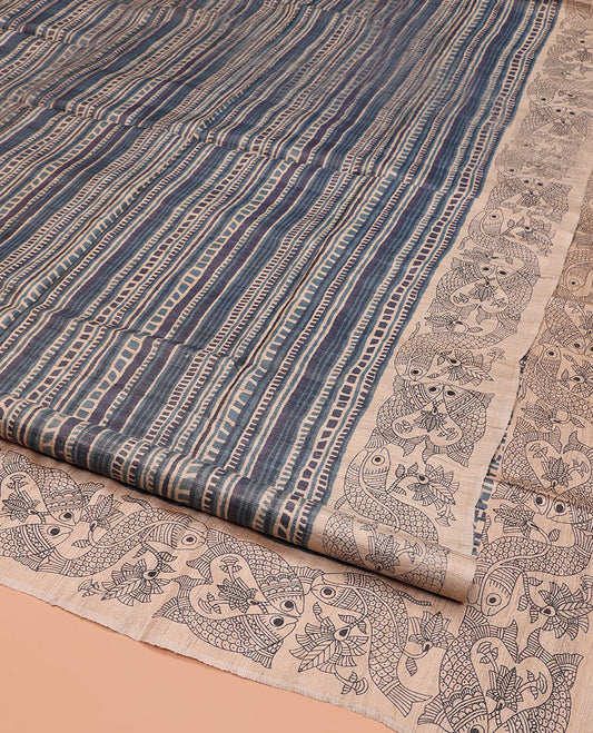 Blue-Grey Tussar Silk Saree, Impeccably Styled with Geometric Patterns, Complemented by a Contrast Fishes Printed Border, Printed Pallu, and a Contrast Blouse