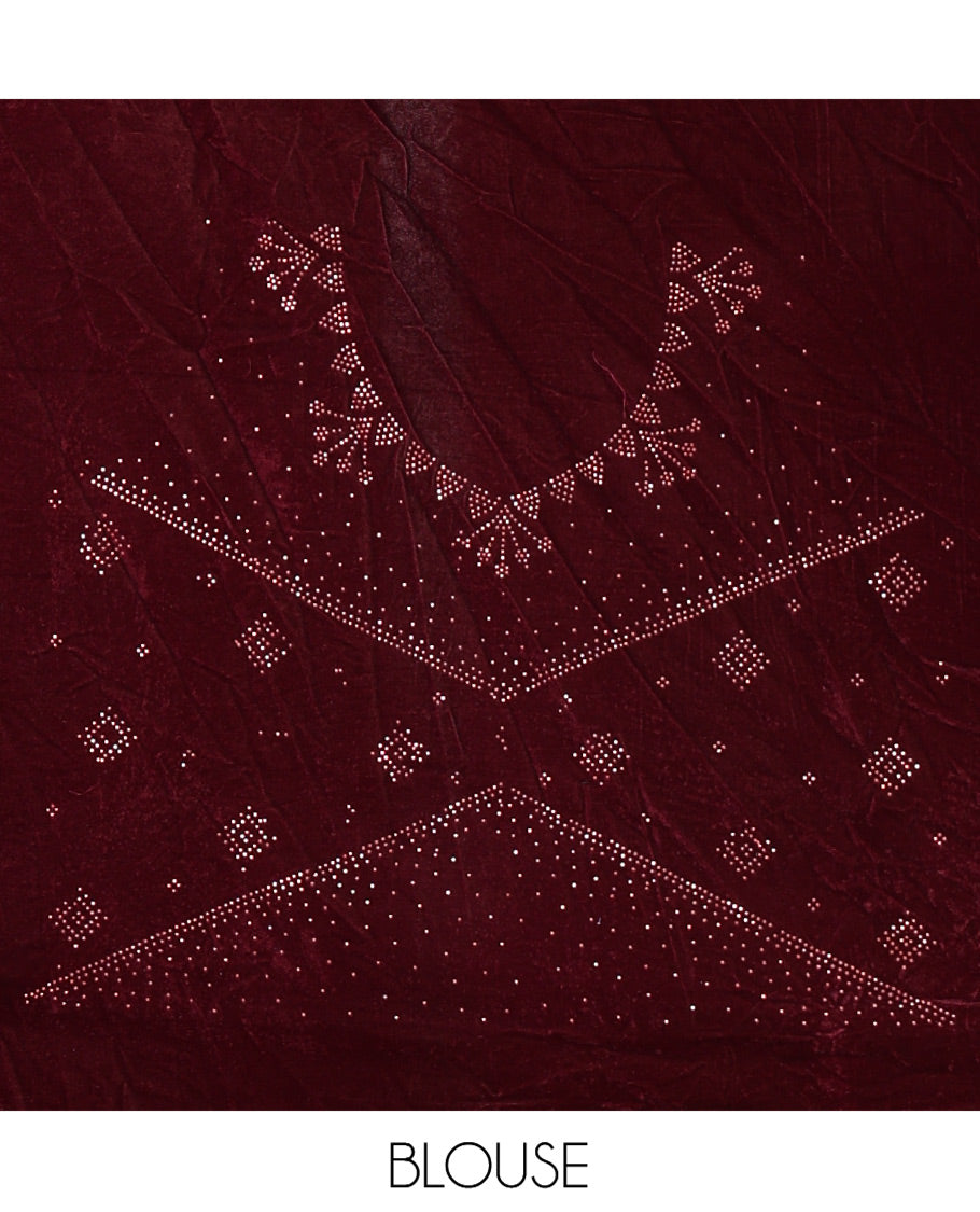 Maroon Velvet Half-Saree Features Swarovski Stonework Skirt, Matching Stonework Blouse, Contrast Net Dhavani
