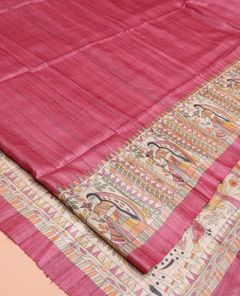Pink Plain Tussar Saree, Impeccably Styled with Madhubani-Style Figurines Print, a Pallu Depicting Madhubani Print, and a Matching Blouse