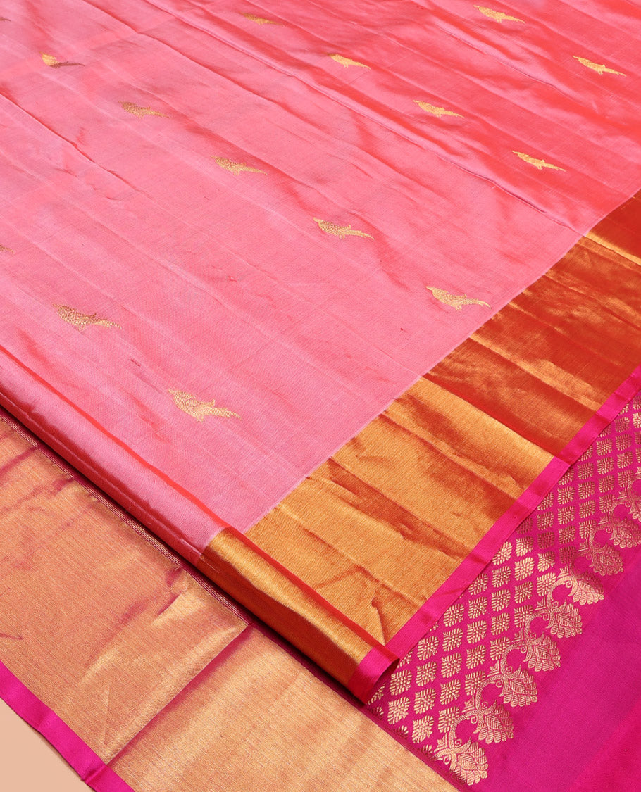 Pink Venkatagiri Silk Saree, Adorned with Parrot Zari Buttas All Over Its Body, Complemented by a Contrast Zari Border, Pallu of Intricate Designs, and Paired with a Contrast Blouse