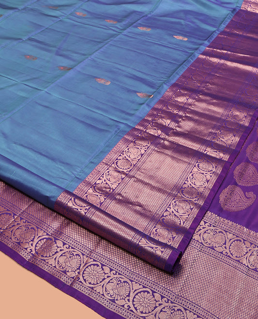 Blue Uppada Silk Saree, Enthralled with Zari Buttas, Complemented by a Contrast Floral Creeper Zari Border, Grand Pallu, and a Contrast Blouse