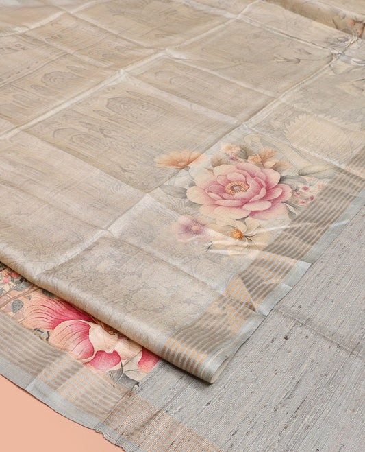 Off-White Tussar Silk Saree, Beautifully Bedecked with Fantasy-Style Floral and Buildings Printed on Its Body, a Subtle Contrast Striped Border, Heathered Pallu, and Paired with a Matching Blouse