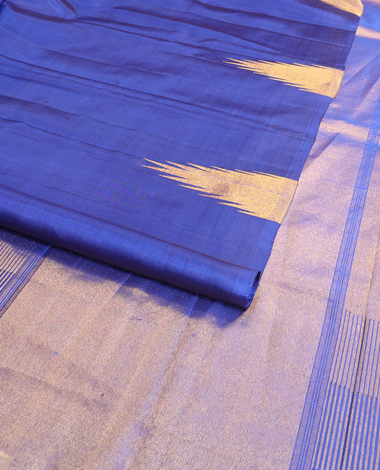 Blue kancheepuram silk saree with self temple border & striped pallu