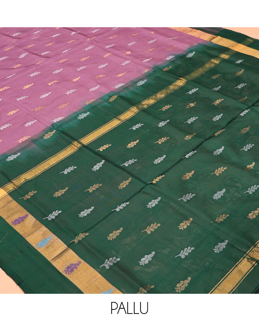 Purple Uppada Silk Saree, Beautified with Buttas, a Contrast Zari Border, Pallu of Zari Designs, and a Contrast Blouse