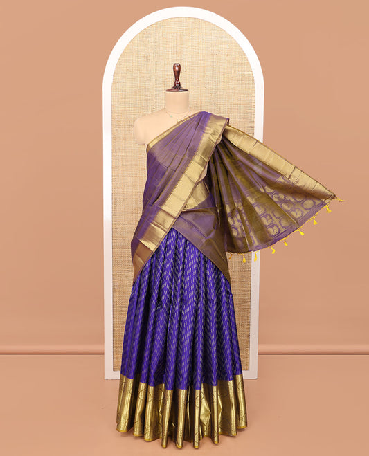 Violet Pure Silk Half-Saree, Finely Crafted with Zari Buttas on Its Skirt, Complemented by a Contrast Border Featuring Traditional Zari Designs, Comes with a Contrast Blouse and a Dhavani of Mayil-Chakram Enclosed Checks