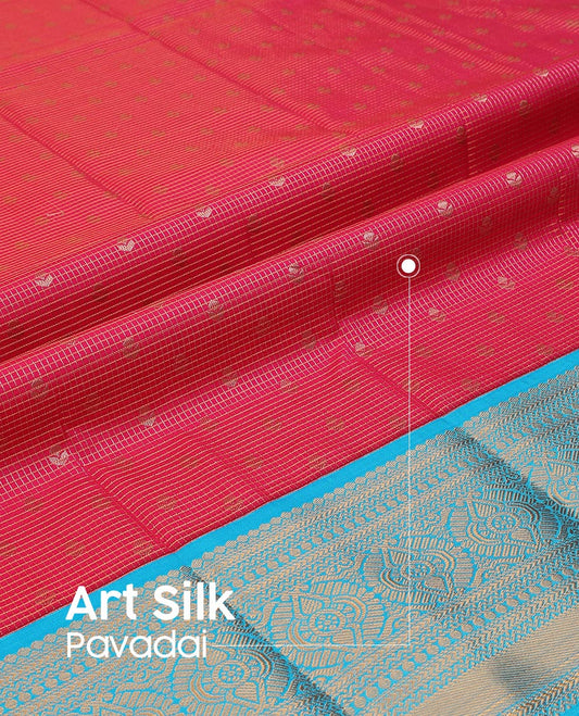 Red Art Silk Pavadai Material Set, Embellished with Zari Buttas and Checks Skirt, Complemented by a Contrast Traditional Zari Motifs Woven Border, and Paired with a Contrast Blouse