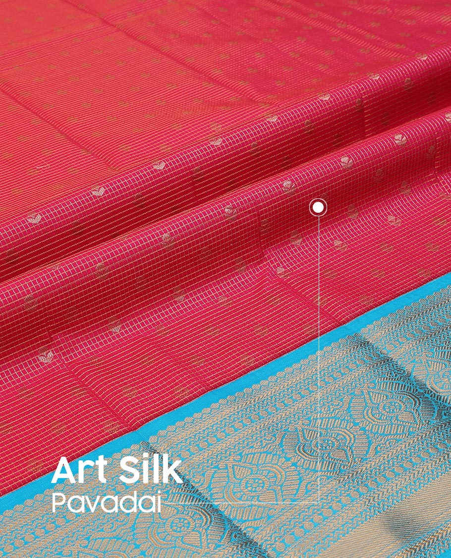 Red Art Silk Pavadai Material Set, Embellished with Zari Buttas and Checks Skirt, Complemented by a Contrast Traditional Zari Motifs Woven Border, and Paired with a Contrast Blouse