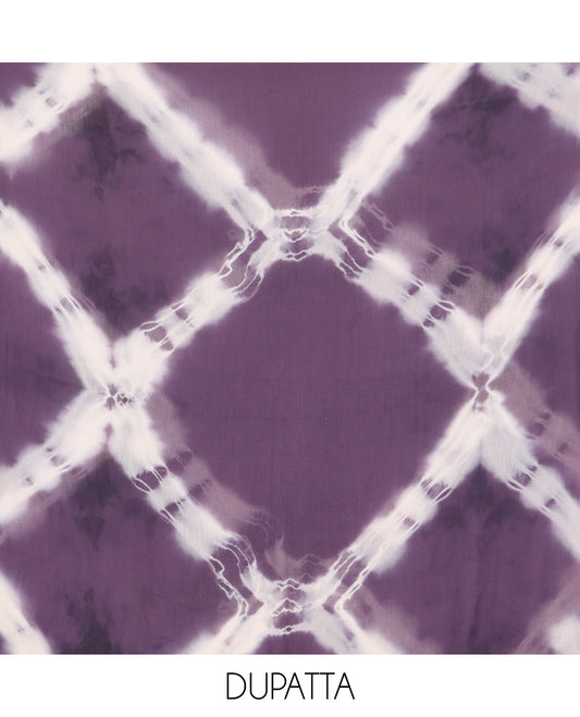 Dark Lavender Rayon Material Churidar Features Circle Buttas and Neck Embroidery Top, a Contrast Bottom, Shibori Printed Dupatta