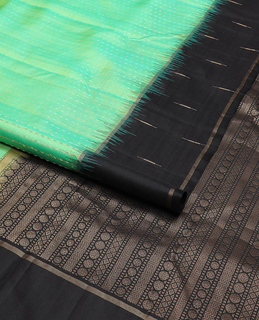 light green striped mayuri soft silk saree with contrast zari design border & geometric design pallu