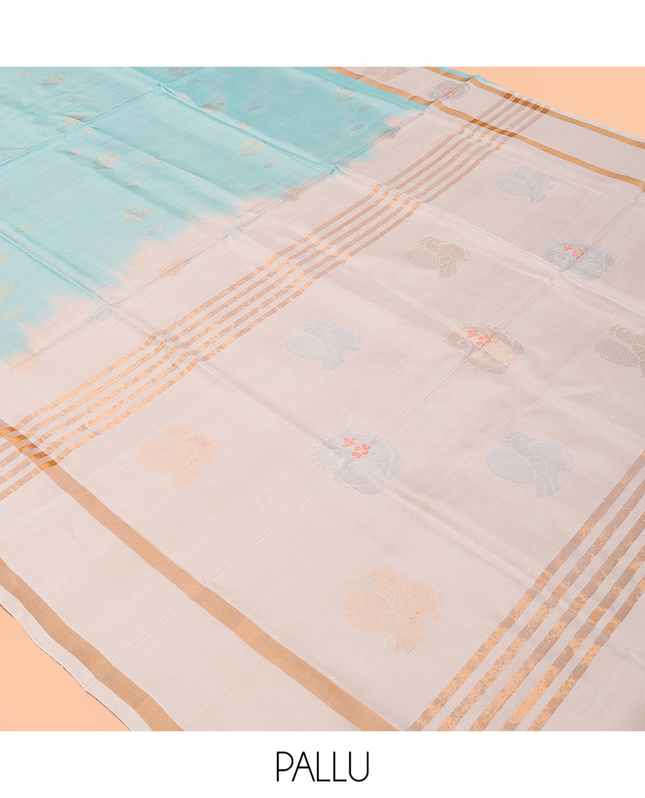 Blue Uppada Silk Saree, Subtly Sparkled with Zari Buttas, Complemented By Contrast Peacock Zari Border, Pallu of Paisley and Peacock Buttas, and a Contrast Blouse