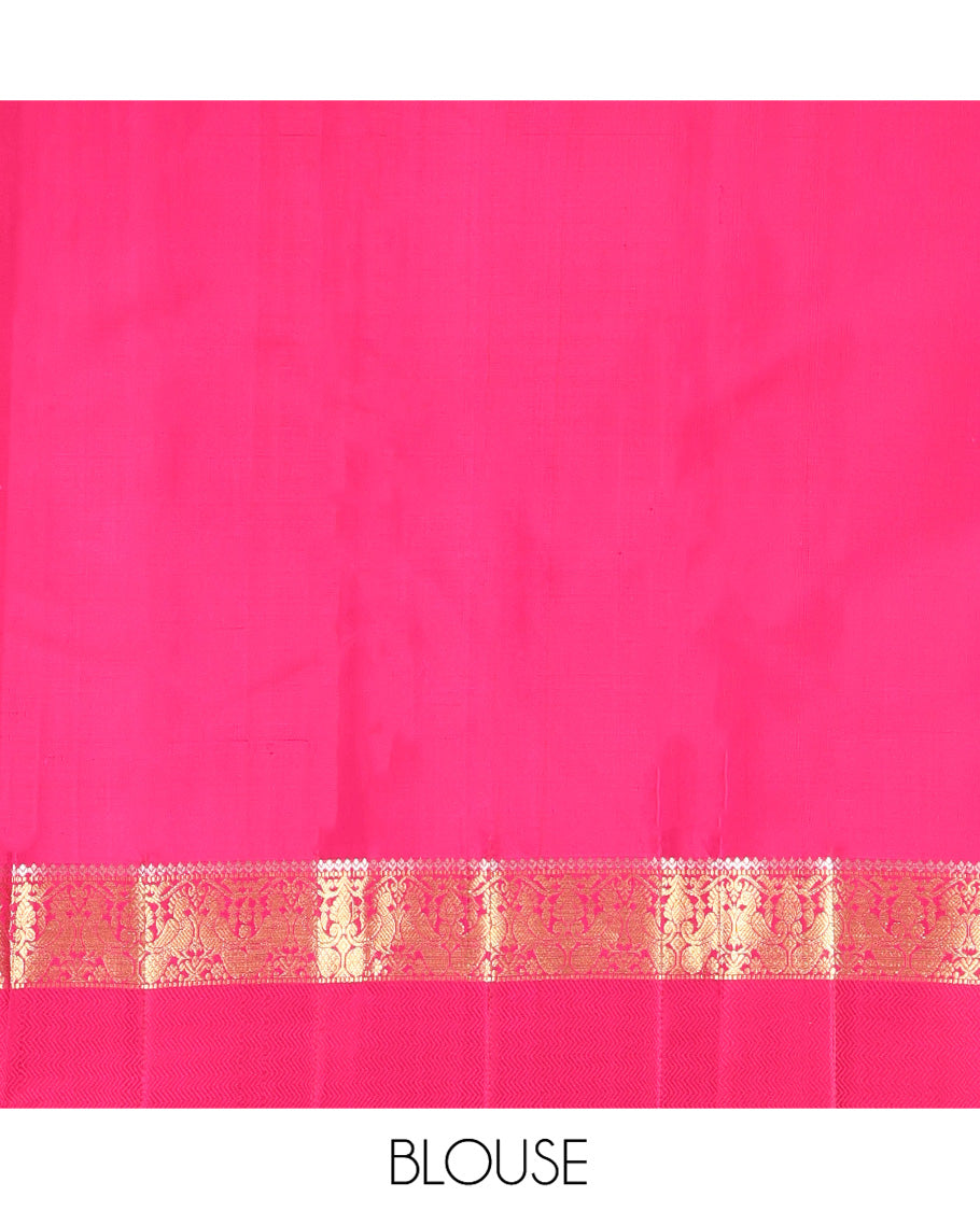 Purple Plain Kanchipuram Silk Saree, Complemented by a Contrast Border of Muthu, Mayil, and Vanki Designs, Sparsely Woven Jaal Pallu, and Paired with a Contrast Blouse