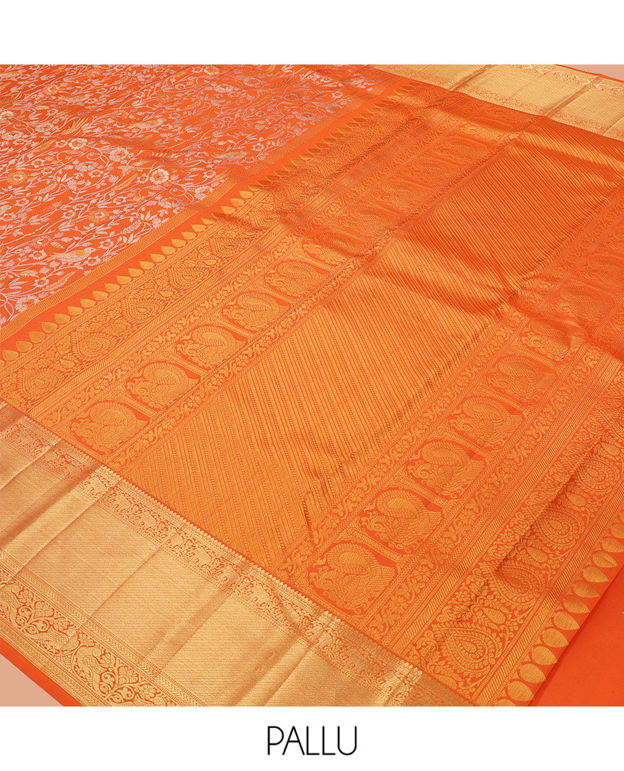 Orange Jacquard Kanchipuram Wedding Silk Saree, Highlighted by a Zari Border of Thilakam Mokku, Yaanai, Mayil, Kathir Designs, Intricately Designed Pallu, and Matching Blouse