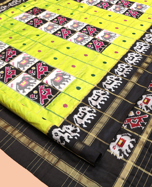 Green Pochampally Ikat Silk Saree, Styled with Patola-Style Animal Butta Enclosed Checks, Complemented by a Contrast Elephant Border, Animal Butta Enclosed Checks Pallu, and Contrast Blouse