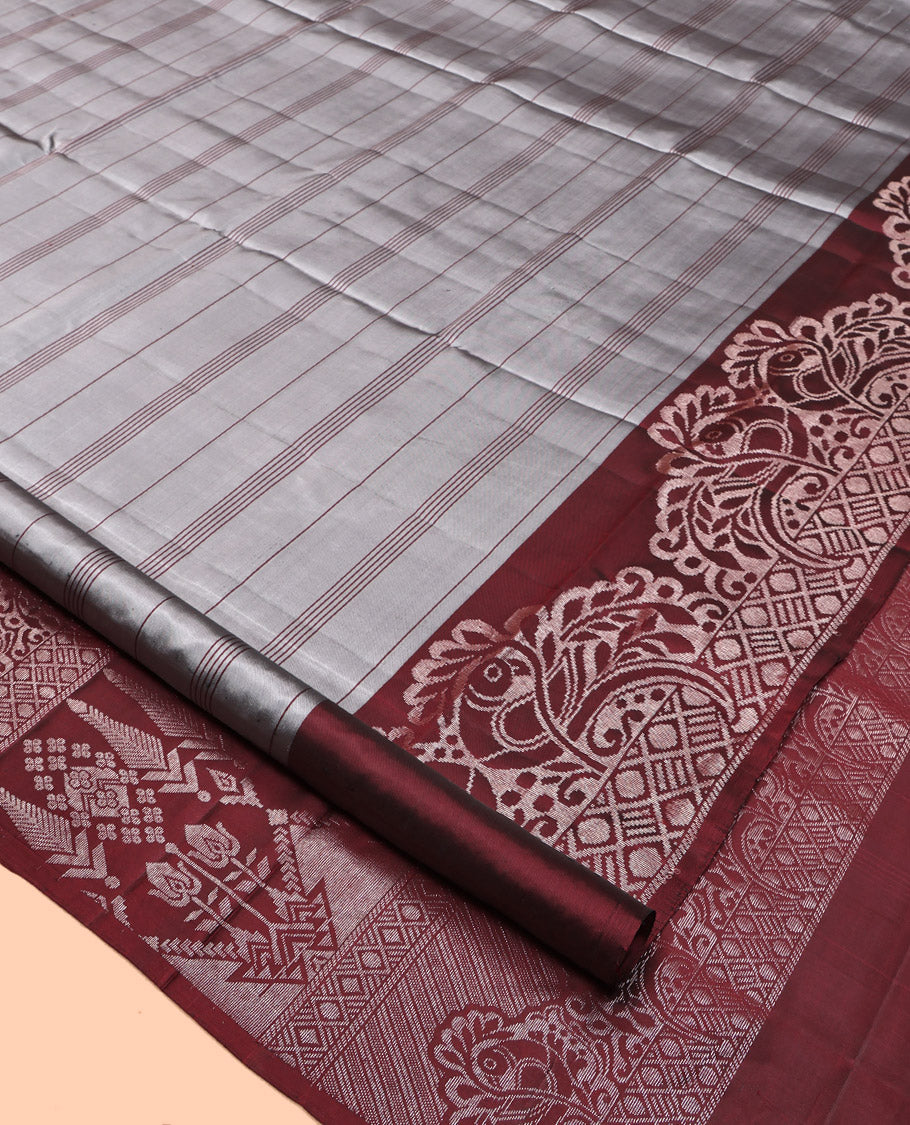 Grey Mayuri Lite Silk Mix Saree, Subtly Enriched with Stripes, Complemented by Contrast Peacock Border, Intricate Pallu and a Contrast Blouse
