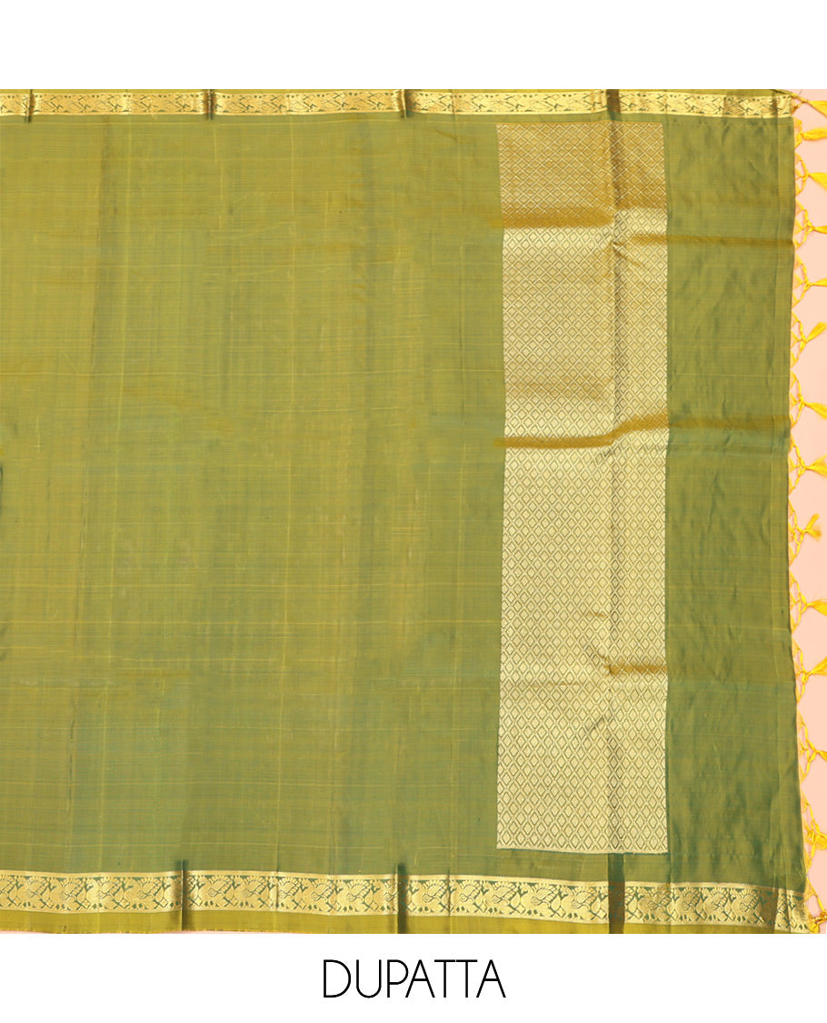 Green Pure Silk Half-Saree, Accentuated with Zari Buttas on Its Body, Complemented by a Contrast Floral and Paisley Design Border, Complemented by a Contrast Blouse, and Paired with a Contrast Dhavani of Jaal Designs