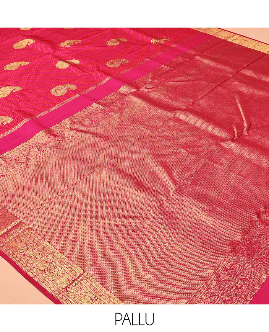 Pink Embossed-Manga Buttas Kanchipuram Silk Saree, a Mayil Border, Ara Maadam Pallu, Matching Blouse