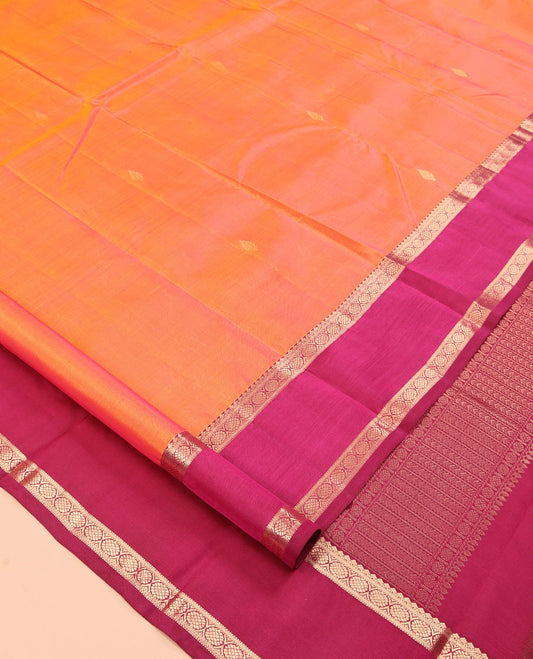 Orange Vasundhara Silk Saree, Woven with Buttas, Contrast Rettai Pettu Border of Thilakam Mokku, and Laddu Kamalam Designs, Rich Pallu, and Contrast Blouse