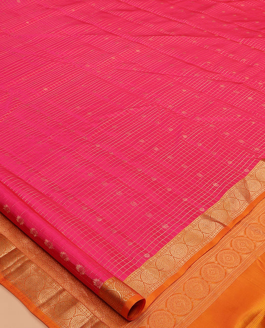 Pink Zari Buttas-Checked Vasundhara Lite Silk Mix Saree, Contrast Traditional Border, Contrast Blouse