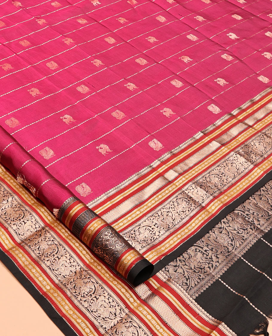 Majenta Striped-Mayil Buttas Vasundhara Silksaree, Contrast Border of Mayil Kann, Mayil, and Yaali, Jaal Pallu, and a Contrast Blouse