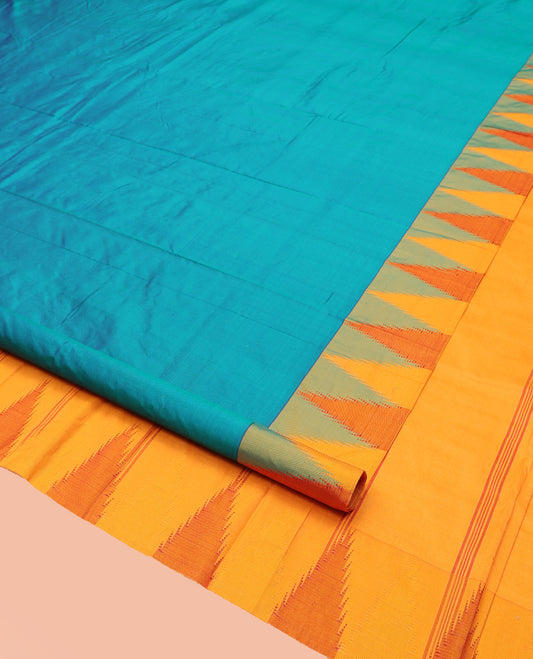 Blue Plain Bangalore Silk Saree, Complemented by a Contrast Temple Border, Striped Pallu, and Contrast Blouse