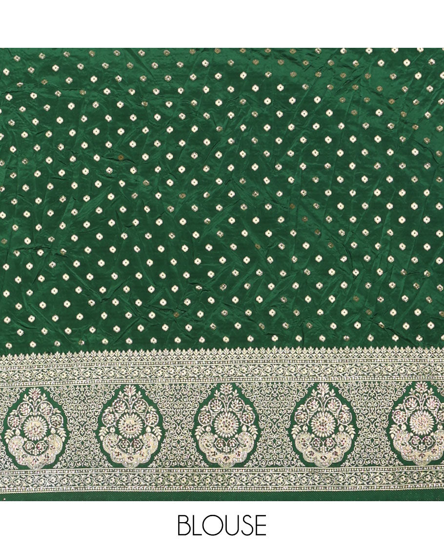 Tomato red chiniya crepe half-saree, chevron zari jacquard with contrast intricate patterned stone work bordered skirt, contrast blouse, and a scallop bordered intricate dhavani