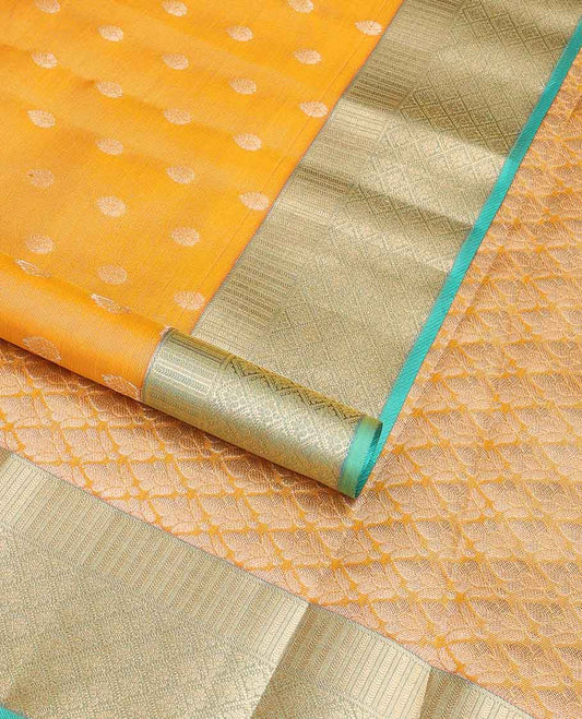 Yellow leaf buttas vasundhara elite silk saree with contrast intricate zari design & argyle design pallu