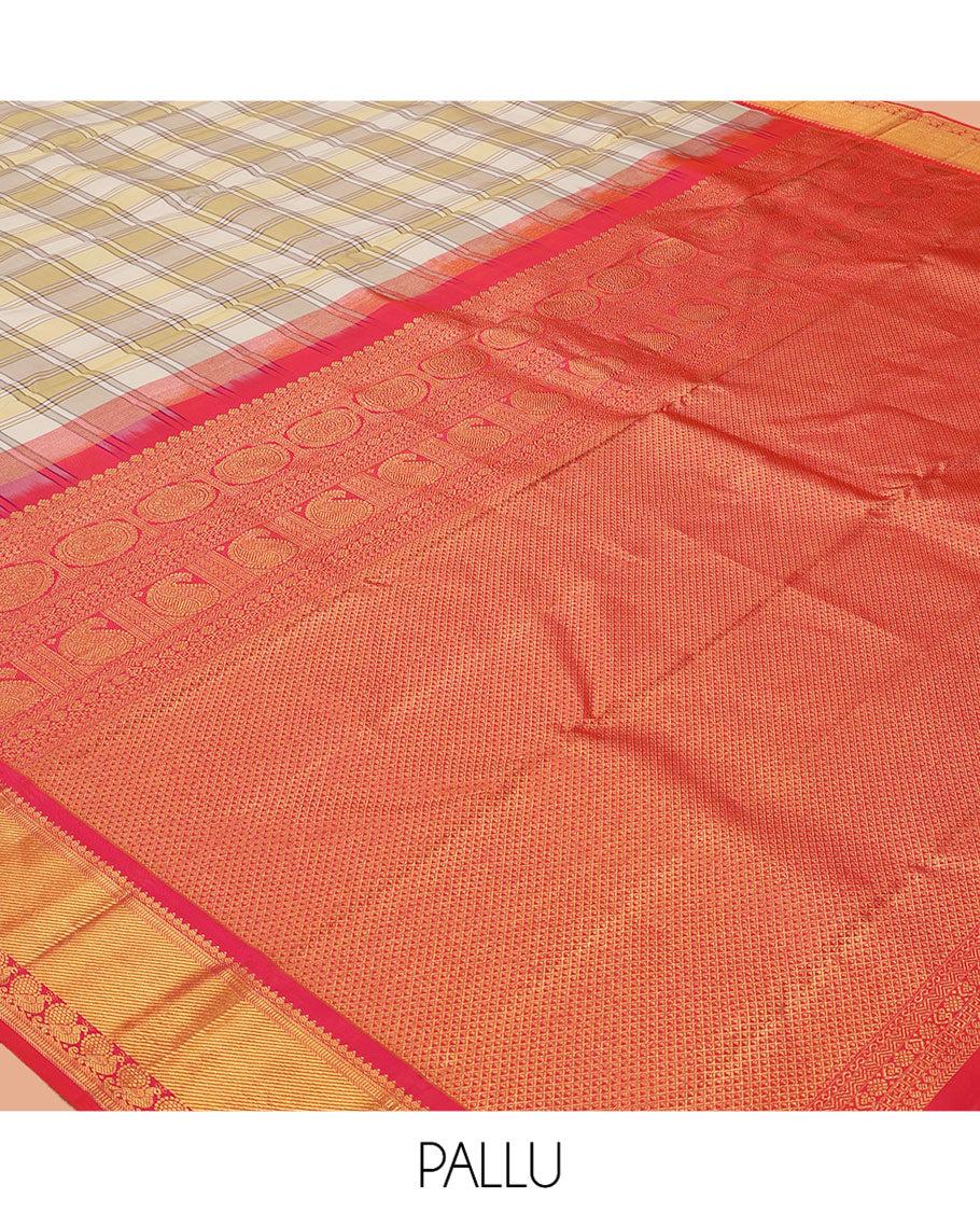 Multi-Color Burberry-Style Checked Kanchipuram Silk Saree, Contrast Border of Thilakam Mokku, Muthu, and Mayil Design, Ara Maadam Pallu, and a Contrast Blouse