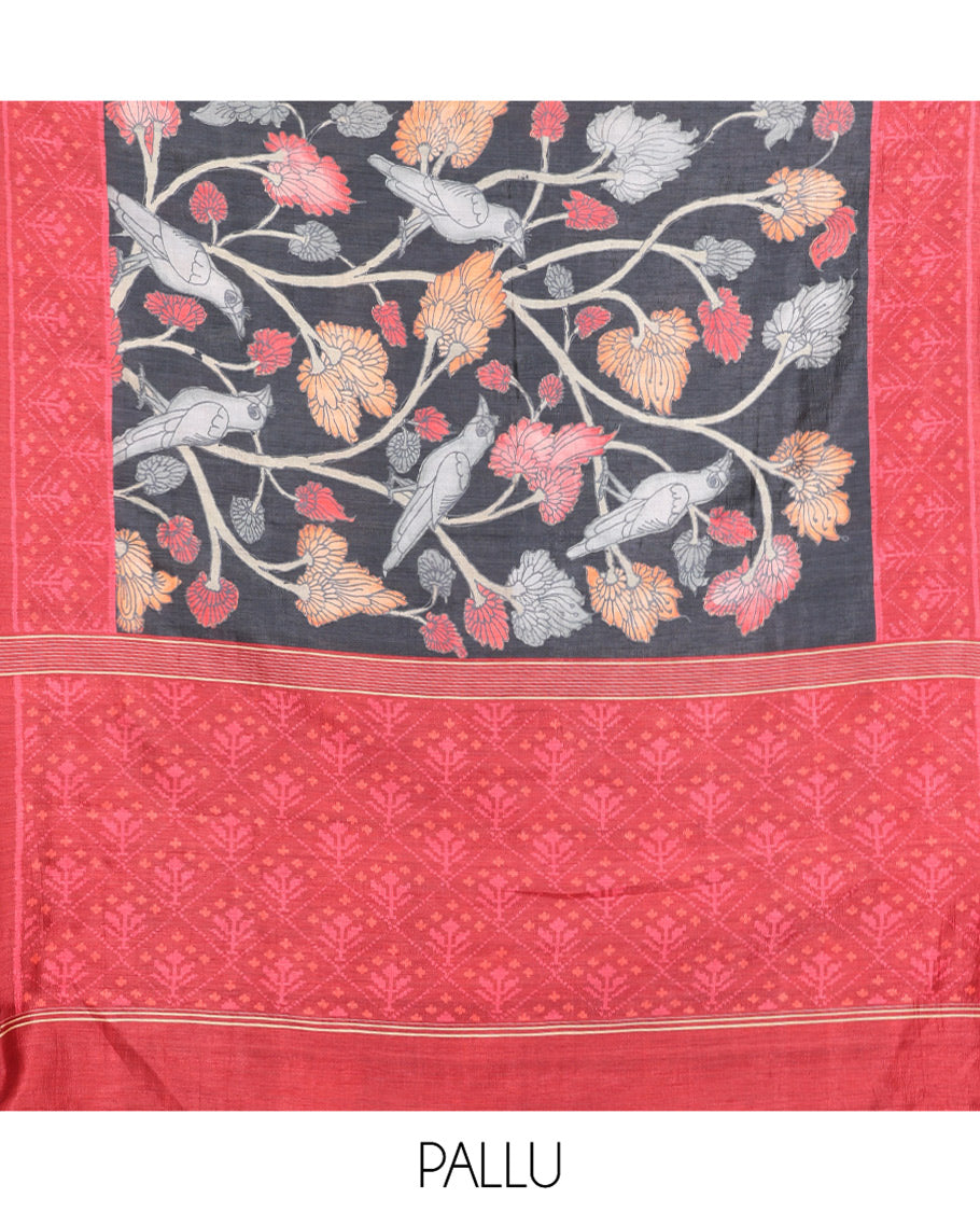 Black Fancy Tussar Saree Features Kalamkari Floral Vine and Bird Print, Contrast Patola Border, Patola Pallu, and a Contrast Blouse